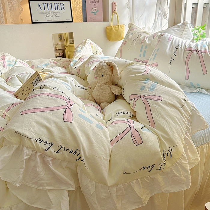 91家纺网 家纺一手货源 找家纺 阿曼达 2024新款ins博主风法式南法风浪漫系列花边款印花水洗m四件套 南法风-大蝴蝶结