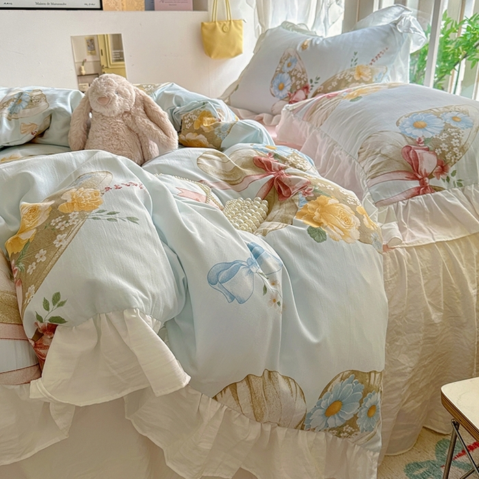 91家纺网 家纺一手货源 找家纺 阿曼达 2024新款ins博主风法式南法风浪漫系列花边款印花水洗m四件套 南法风-蝶恋花溪