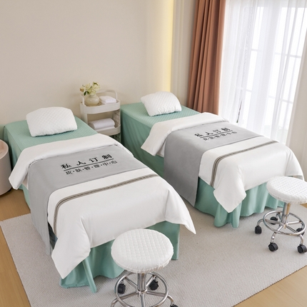 91家纺网 家纺一手货源 找家纺 乐逸家纺 2024新款全棉花边系列四季美 容床罩 全棉花边白拼绿