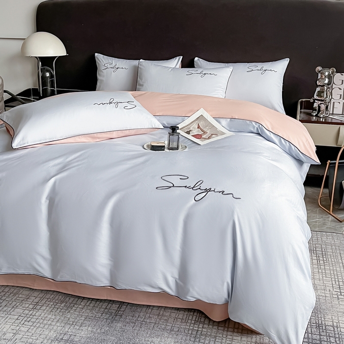 91家纺网 家纺一手货源 找家纺 一帆毯业 2024新款全棉纯色刺绣麻绳滚边四件套 天空蓝+玫瑰粉