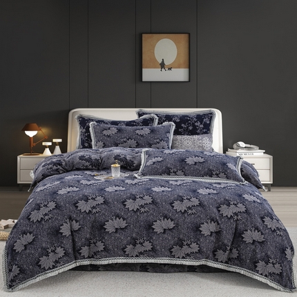 鲁爱 2025新款全棉色织双层纱布流苏款四件套 秋韵-深兰