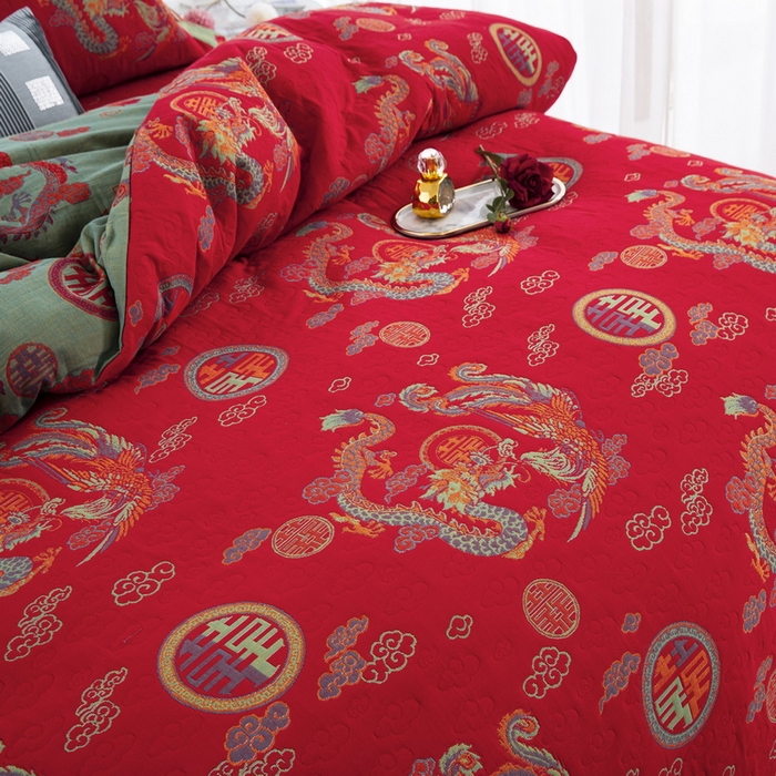 91家纺网 家纺一手货源 找家纺 鲁爱 2025新款三层纱床盖款四件套 龙凤呈祥-正红