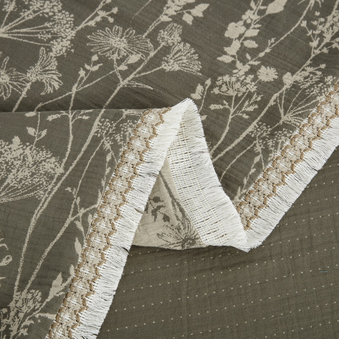 91家纺网 家纺一手货源 找家纺 鲁爱 2025新款全棉色织双层纱布流苏款四件套 云影-绿