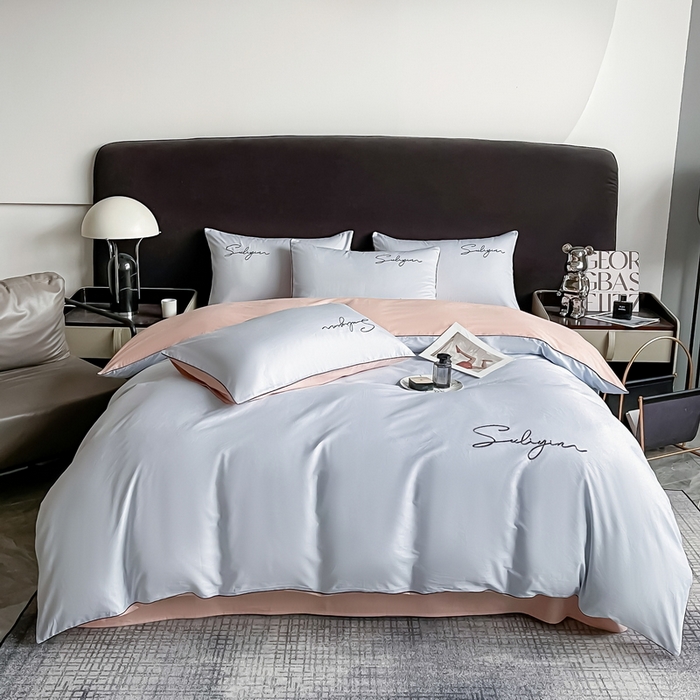 91家纺网 家纺一手货源 找家纺 一帆毯业 2024新款全棉纯色刺绣麻绳滚边四件套 天空蓝+玫瑰粉