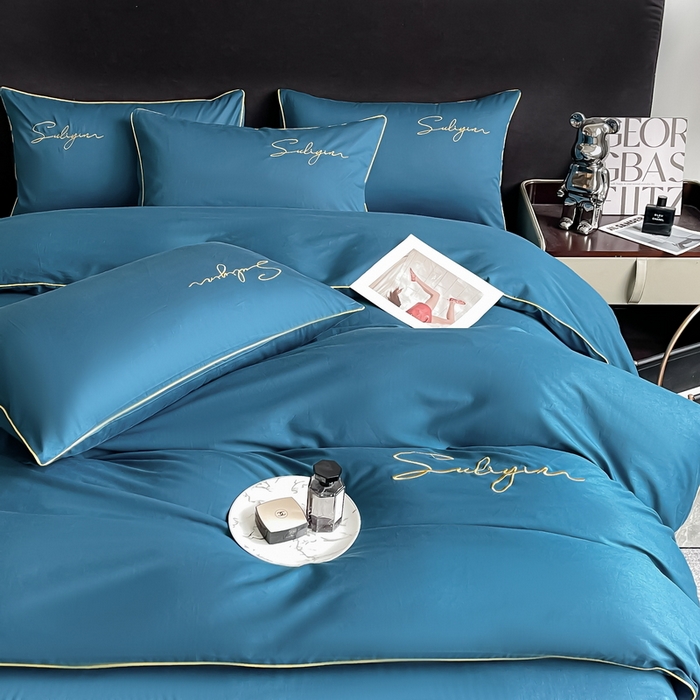 91家纺网 家纺一手货源 找家纺 一帆毯业 2024新款全棉纯色刺绣麻绳滚边四件套 月光蓝