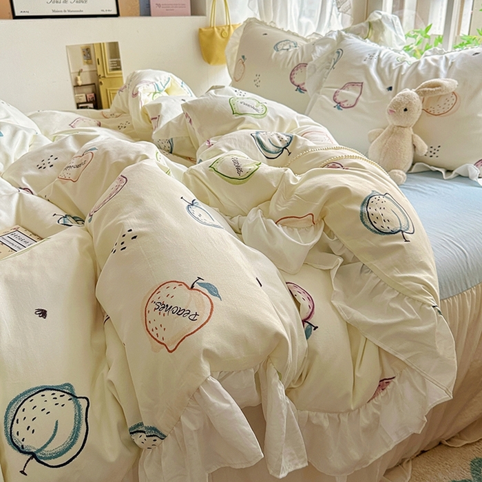 91家纺网 家纺一手货源 找家纺 阿曼达 2024新款ins博主风法式南法风浪漫系列花边款印花水洗m四件套 南法风-果园