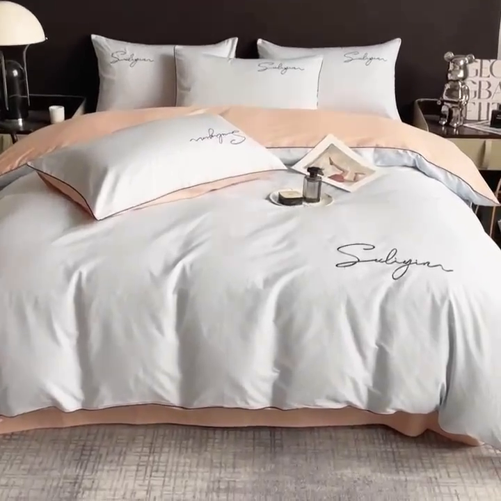 91家纺网 家纺一手货源 找家纺 一帆毯业 2024新款全棉纯色刺绣麻绳滚边四件套 天空蓝+玫瑰粉