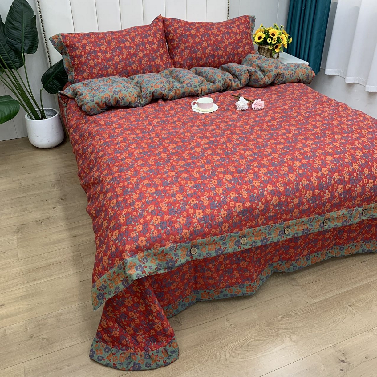 91家纺网 家纺一手货源 找家纺 鲁爱 2025新款三层纱床盖款四件套 清新之歌-红