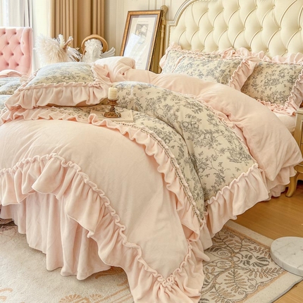 91家纺网 家纺一手货源 找家纺 （总）亲亲公主 2025新款高克重牛奶绒花边四件套-法式情怀