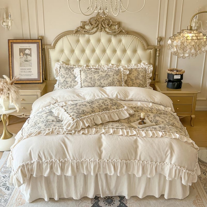 91家纺网 家纺一手货源 找家纺 亲亲公主 2025新款高克重牛奶绒花边四件套-法式情怀 奶油白