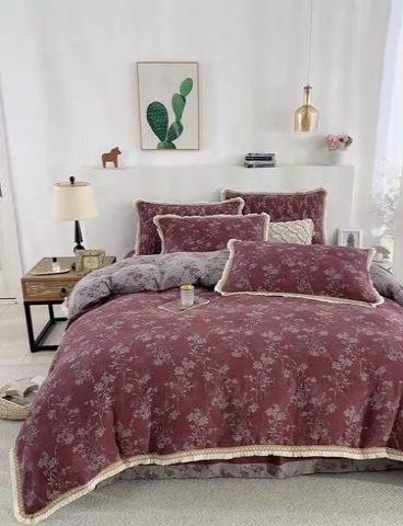 91家纺网 家纺一手货源 找家纺 鲁爱 2025新款全棉色织双层纱布流苏款四件套 惊鸿-豆沙