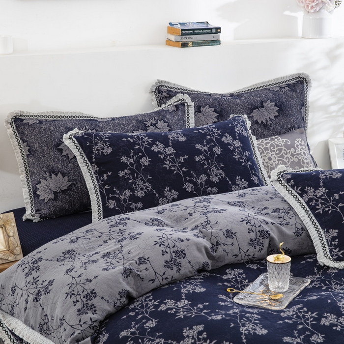 91家纺网 家纺一手货源 找家纺 鲁爱 2025新款全棉色织双层纱布流苏款四件套 惊鸿-深兰