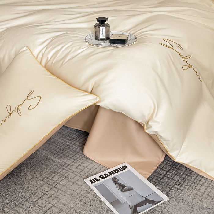 91家纺网 家纺一手货源 找家纺 一帆毯业 2024新款全棉纯色刺绣麻绳滚边四件套 奶昔白+奶茶