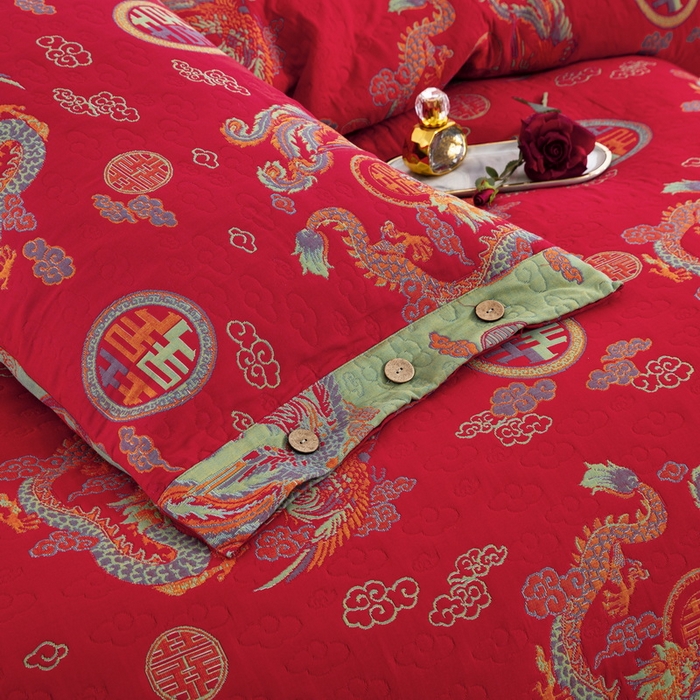 91家纺网 家纺一手货源 找家纺 鲁爱 2025新款三层纱床盖款四件套 龙凤呈祥-正红