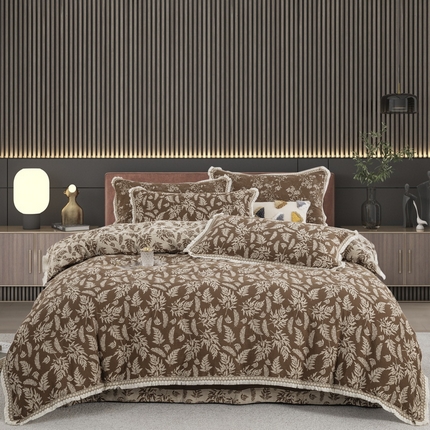 鲁爱 2025新款全棉色织双层纱布流苏款四件套 扶苏-浅咖