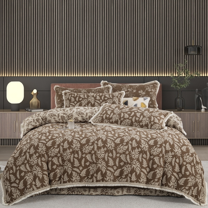 91家纺网 家纺一手货源 找家纺 鲁爱 2025新款全棉色织双层纱布流苏款四件套 扶苏-浅咖