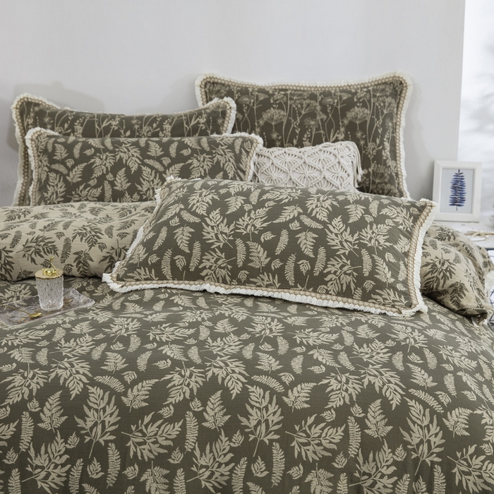 91家纺网 家纺一手货源 找家纺 鲁爱 2025新款全棉色织双层纱布流苏款四件套 扶苏-绿