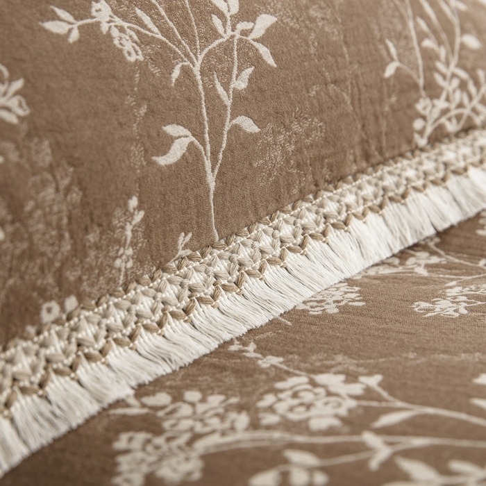 91家纺网 家纺一手货源 找家纺 鲁爱 2025新款全棉色织双层纱布流苏款四件套 惊鸿-浅咖