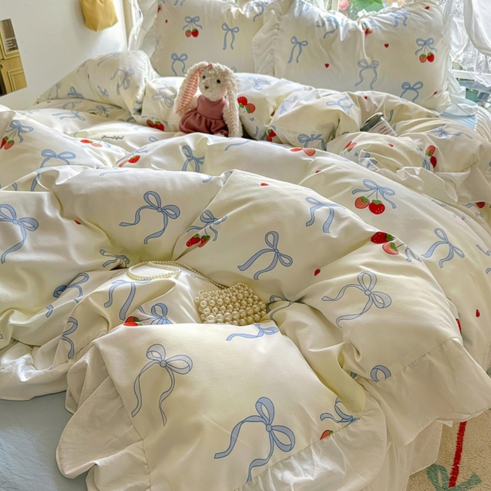 91家纺网 家纺一手货源 找家纺 阿曼达 2024新款ins博主风法式南法风浪漫系列花边款印花水洗m四件套 南法风-草莓乐园