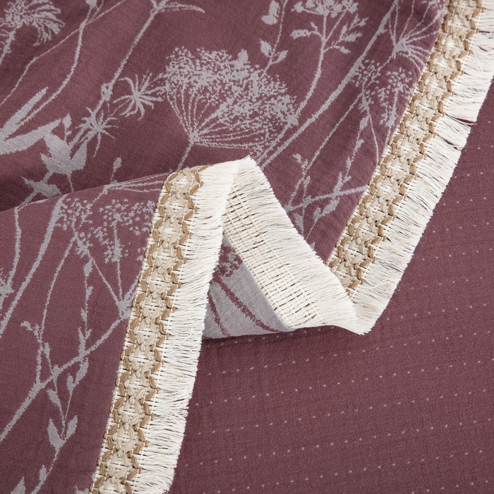 91家纺网 家纺一手货源 找家纺 鲁爱 2025新款全棉色织双层纱布流苏款四件套 云影-豆沙