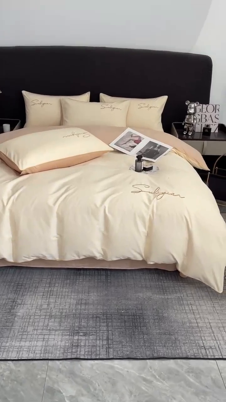 91家纺网 家纺一手货源 找家纺 一帆毯业 2024新款全棉纯色刺绣麻绳滚边四件套 奶昔白+奶茶