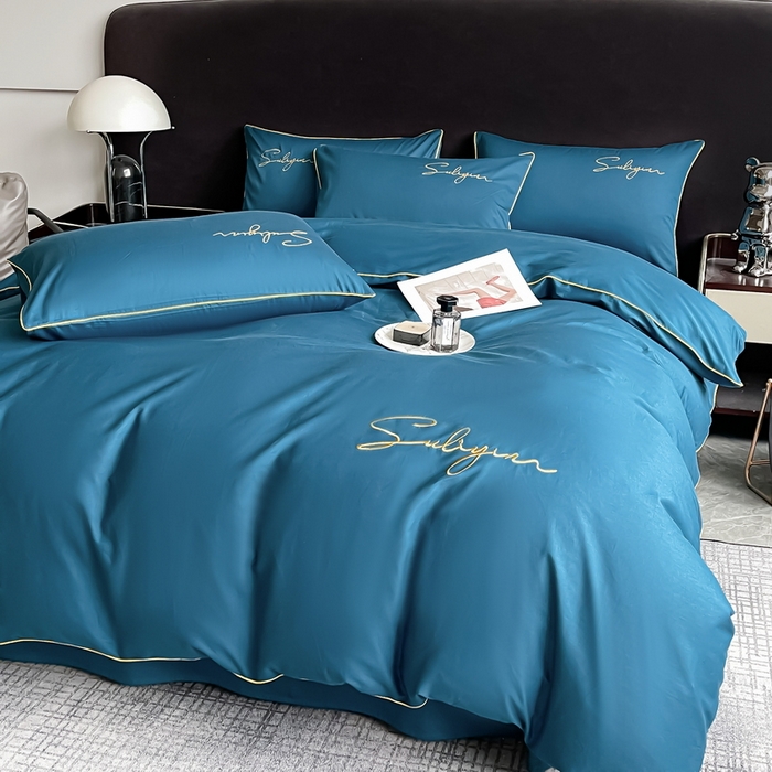 91家纺网 家纺一手货源 找家纺 一帆毯业 2024新款全棉纯色刺绣麻绳滚边四件套 月光蓝