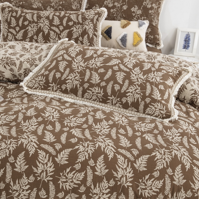 91家纺网 家纺一手货源 找家纺 鲁爱 2025新款全棉色织双层纱布流苏款四件套 扶苏-浅咖