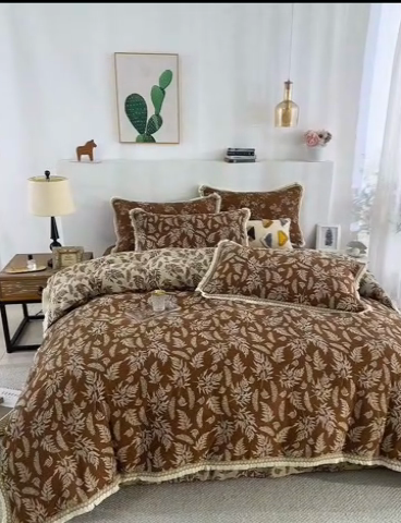 91家纺网 家纺一手货源 找家纺 鲁爱 2025新款全棉色织双层纱布流苏款四件套 扶苏-浅咖