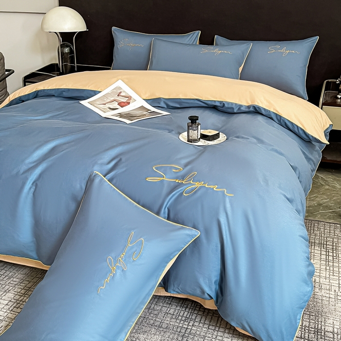 91家纺网 家纺一手货源 找家纺 一帆毯业 2024新款全棉纯色刺绣麻绳滚边四件套 宾利蓝奶茶