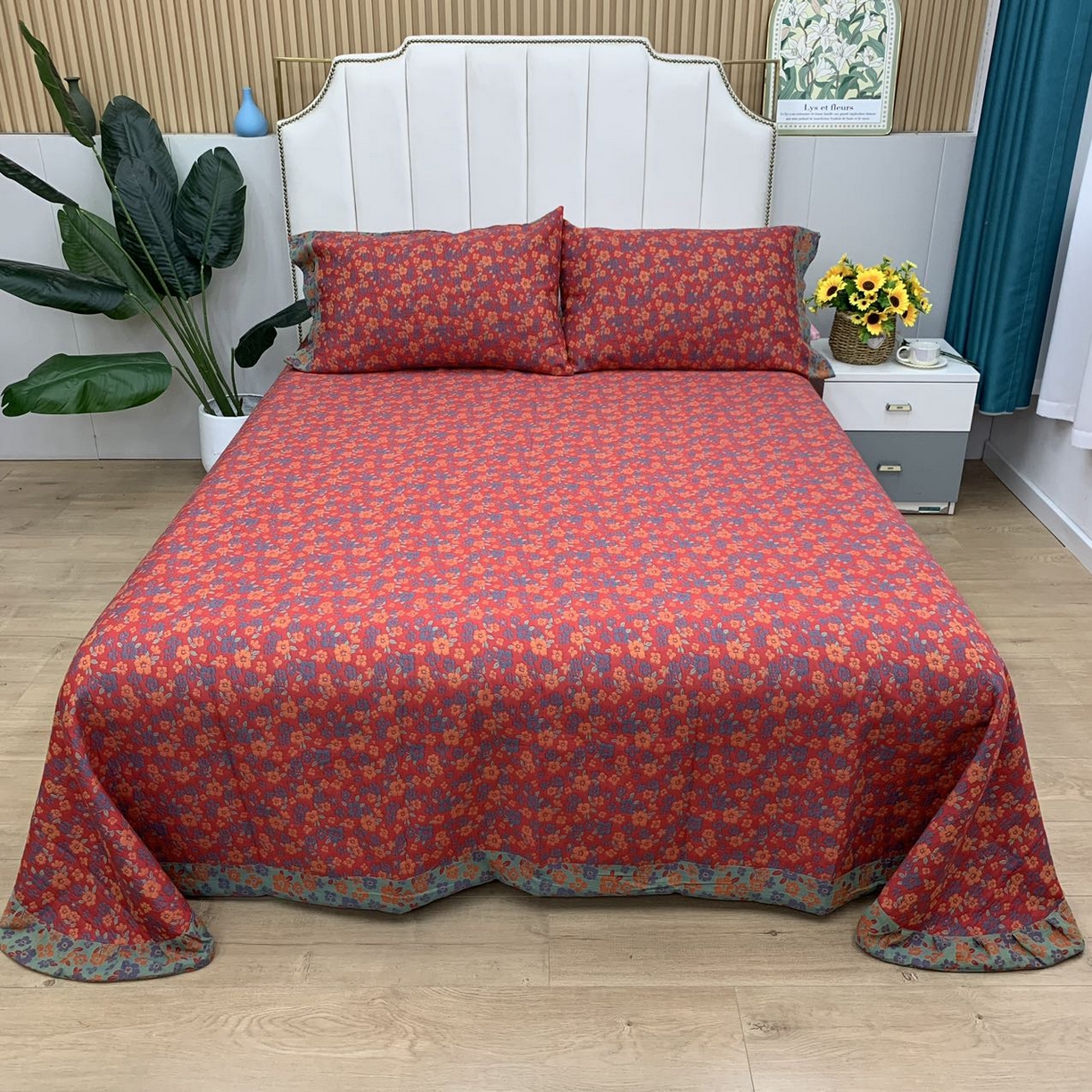 91家纺网 家纺一手货源 找家纺 鲁爱 2025新款三层纱床盖款四件套 清新之歌-红