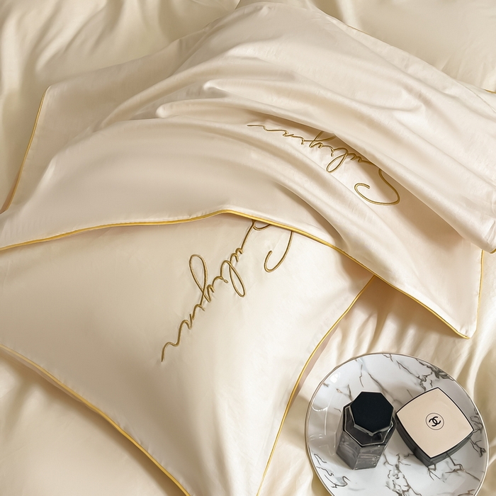 91家纺网 家纺一手货源 找家纺 一帆毯业 2024新款全棉纯色刺绣麻绳滚边四件套 奶昔白+奶茶