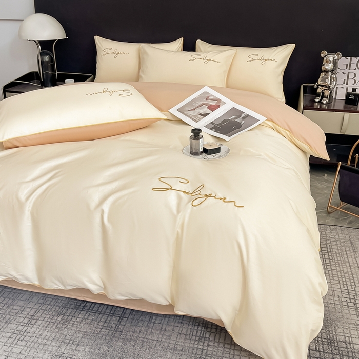 91家纺网 家纺一手货源 找家纺 一帆毯业 2024新款全棉纯色刺绣麻绳滚边四件套 奶昔白+奶茶