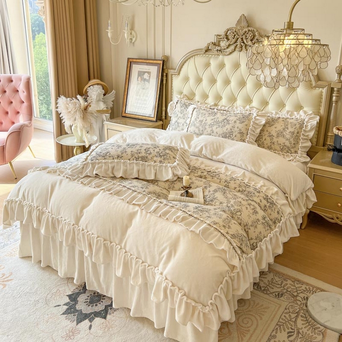 91家纺网 家纺一手货源 找家纺 亲亲公主 2025新款高克重牛奶绒花边四件套-法式情怀 奶油白