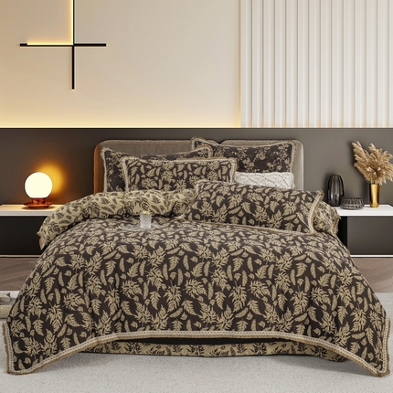 鲁爱 2025新款全棉色织双层纱布流苏款四件套 扶苏-深咖