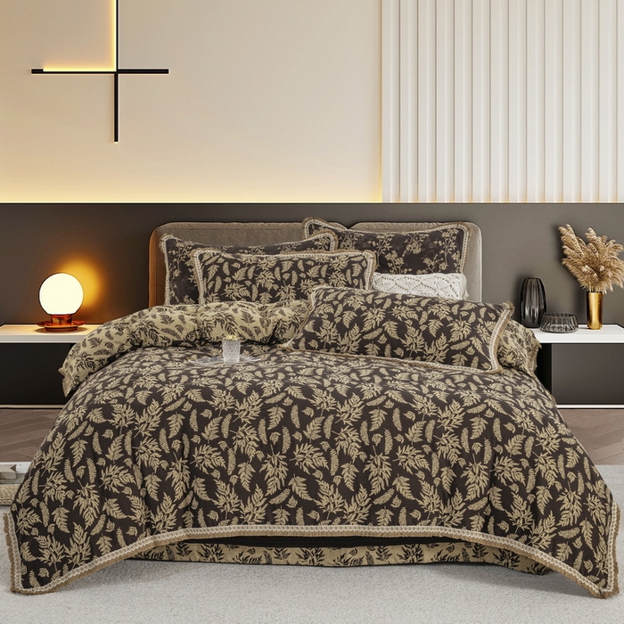 91家纺网 家纺一手货源 找家纺 鲁爱 2025新款全棉色织双层纱布流苏款四件套 扶苏-深咖