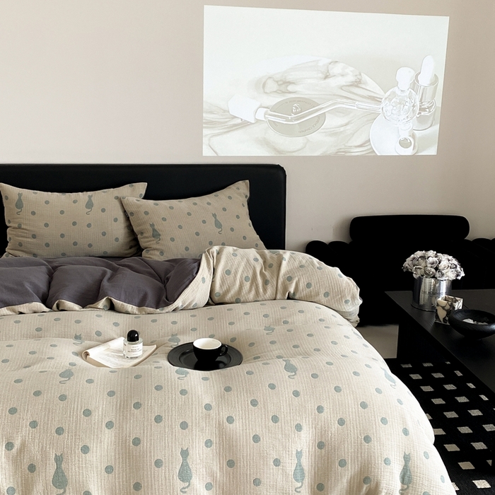 91家纺网 家纺一手货源 找家纺 赫帛 2024新款A类全棉色织三层纱水洗棉四件套-波点猫 波点猫-绿色