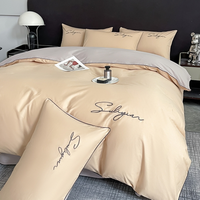 91家纺网 家纺一手货源 找家纺 一帆毯业 2024新款全棉纯色刺绣麻绳滚边四件套 奶茶+山灰