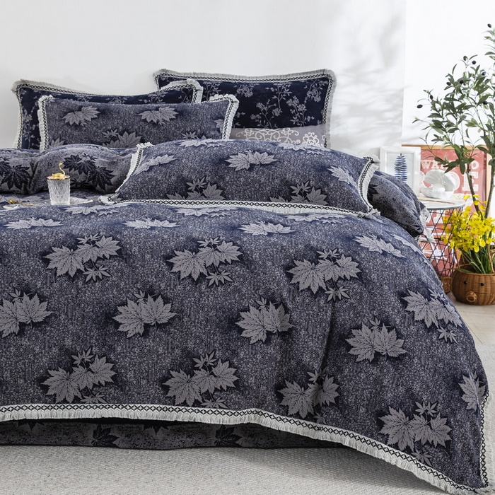 91家纺网 家纺一手货源 找家纺 鲁爱 2025新款全棉色织双层纱布流苏款四件套 秋韵-深兰