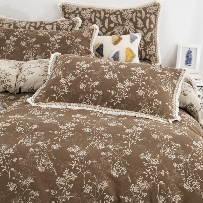 91家纺网 家纺一手货源 找家纺 鲁爱 2025新款全棉色织双层纱布流苏款四件套 惊鸿-浅咖