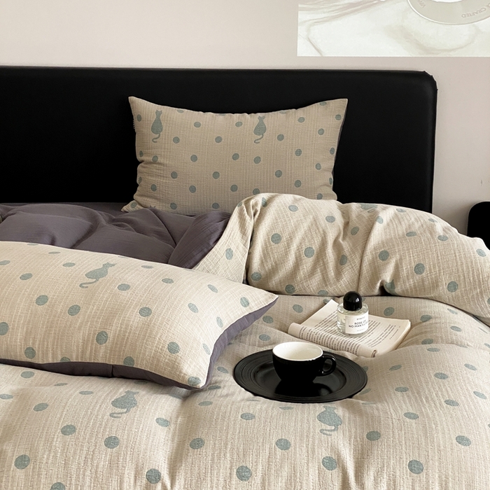 91家纺网 家纺一手货源 找家纺 赫帛 2024新款A类全棉色织三层纱水洗棉四件套-波点猫 波点猫-绿色