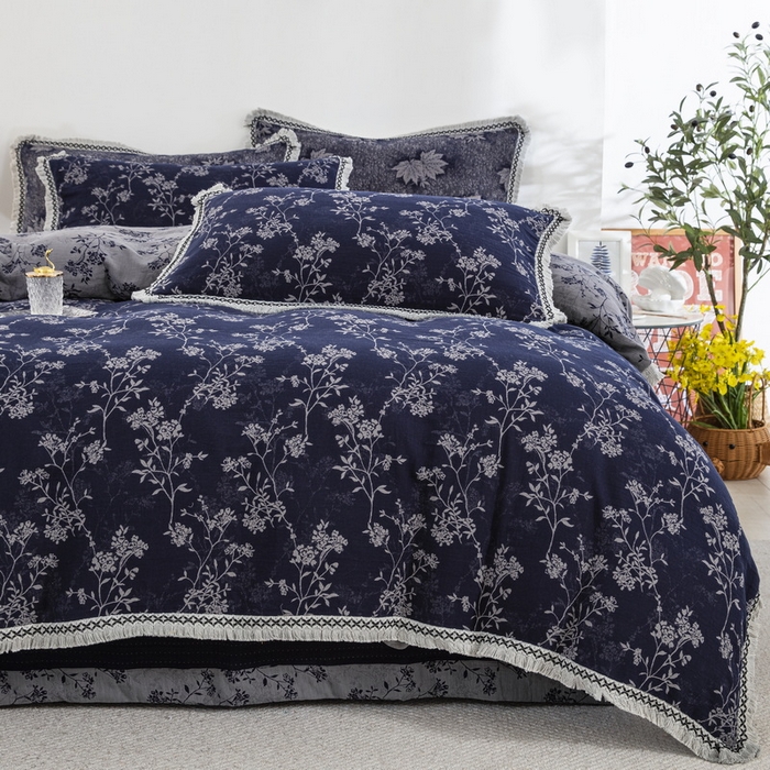 91家纺网 家纺一手货源 找家纺 鲁爱 2025新款全棉色织双层纱布流苏款四件套 惊鸿-深兰