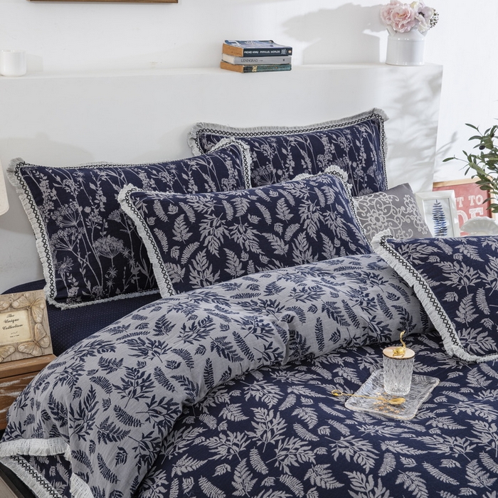 91家纺网 家纺一手货源 找家纺 鲁爱 2025新款全棉色织双层纱布流苏款四件套 扶苏-深兰