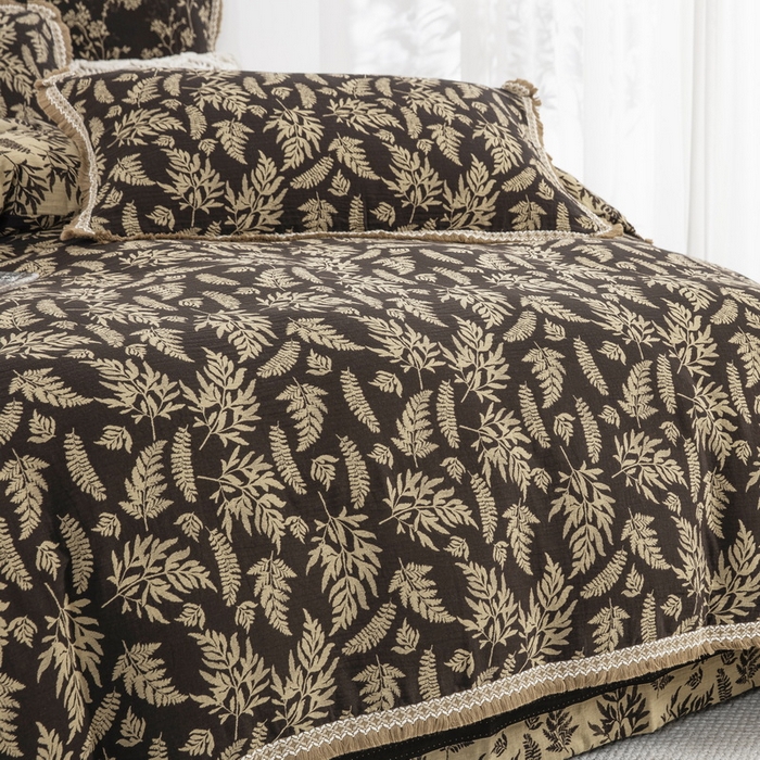 91家纺网 家纺一手货源 找家纺 鲁爱 2025新款全棉色织双层纱布流苏款四件套 扶苏-深咖