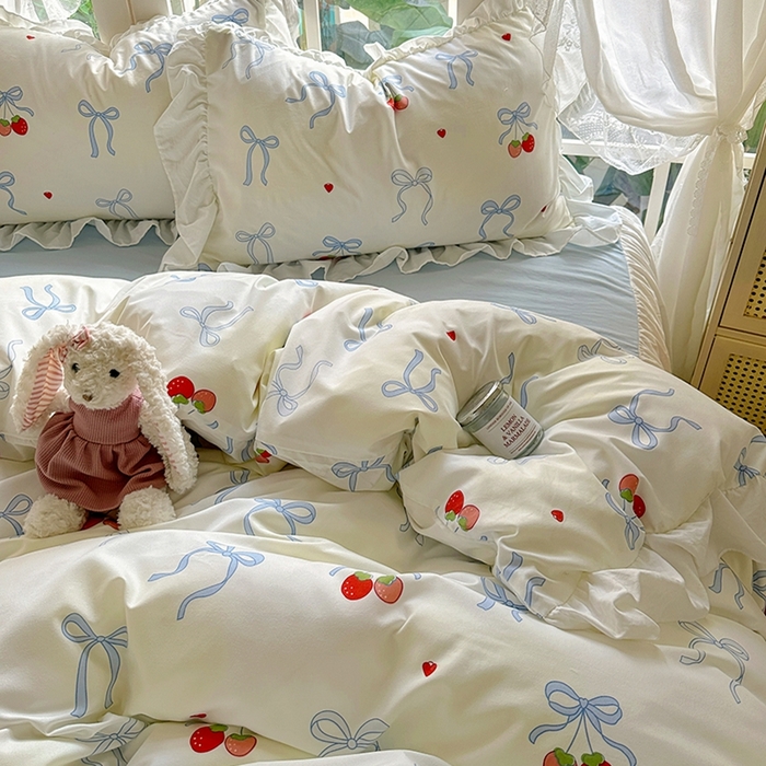 91家纺网 家纺一手货源 找家纺 阿曼达 2024新款ins博主风法式南法风浪漫系列花边款印花水洗m四件套 南法风-草莓乐园