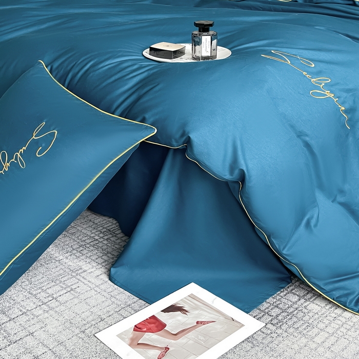 91家纺网 家纺一手货源 找家纺 一帆毯业 2024新款全棉纯色刺绣麻绳滚边四件套 月光蓝