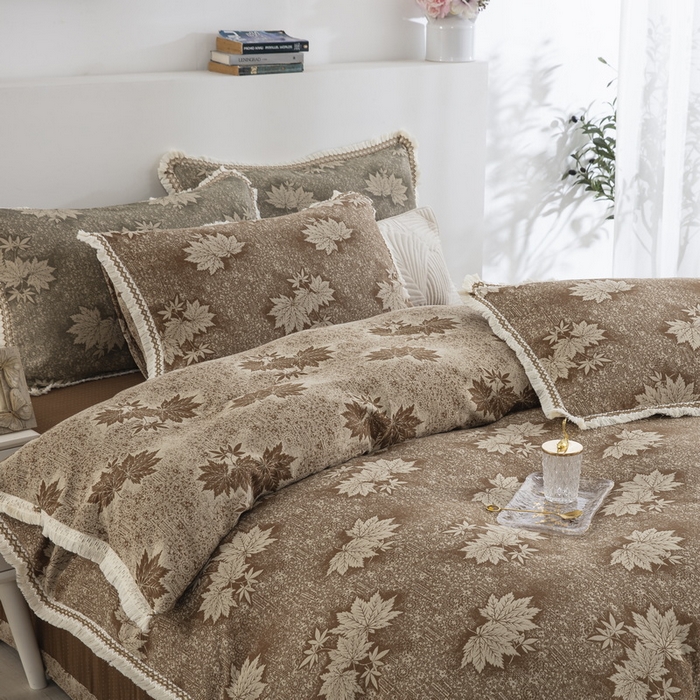 91家纺网 家纺一手货源 找家纺 鲁爱 2025新款全棉色织双层纱布流苏款四件套 秋韵-浅咖