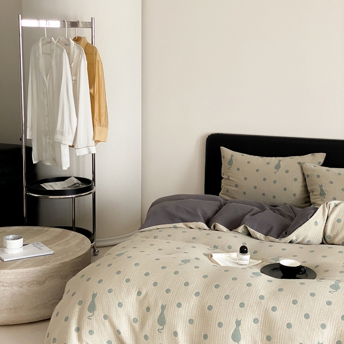 91家纺网 家纺一手货源 找家纺 赫帛 2024新款A类全棉色织三层纱水洗棉四件套-波点猫 波点猫-绿色