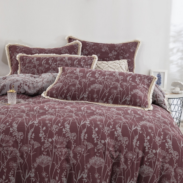 91家纺网 家纺一手货源 找家纺 鲁爱 2025新款全棉色织双层纱布流苏款四件套 云影-豆沙