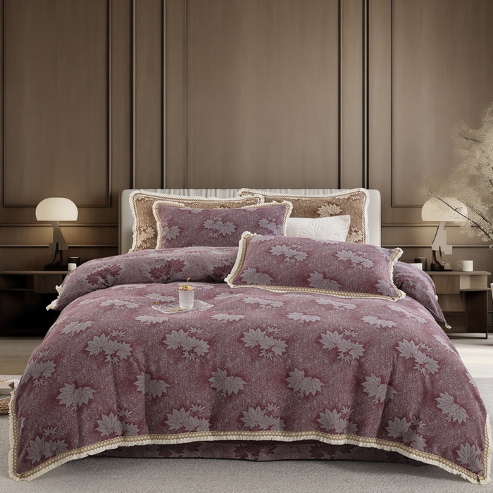 91家纺网 家纺一手货源 找家纺 鲁爱 2025新款全棉色织双层纱布流苏款四件套 秋韵-豆沙