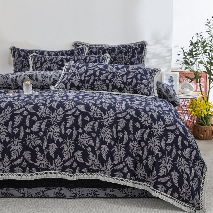 91家纺网 家纺一手货源 找家纺 鲁爱 2025新款全棉色织双层纱布流苏款四件套 扶苏-深兰